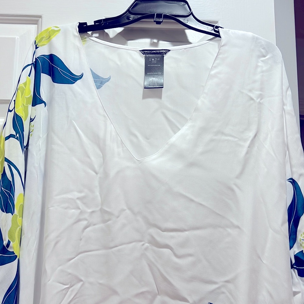 Vince Camuto V-Neck Caftan Cover Up - Plumeria Flora NWT XS/S